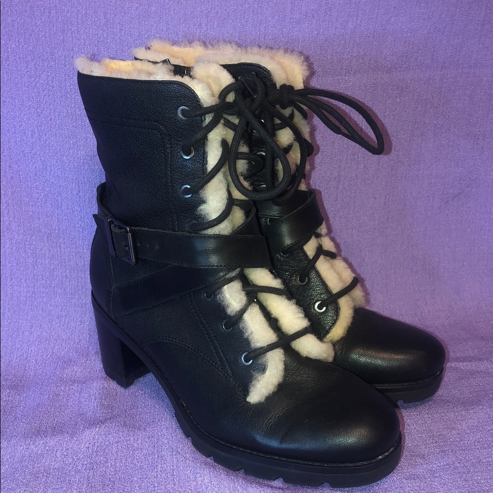 Used Women’s UGG Ingrid Black Side Zip Shearling Lined Combat Boots Size 8